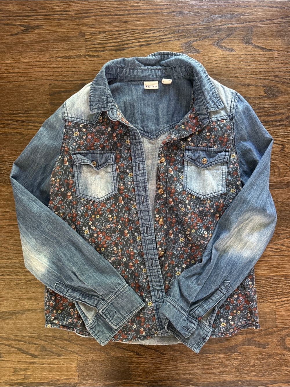 Mudd Denim Button-Down Shirt with Floral Panels - Blue